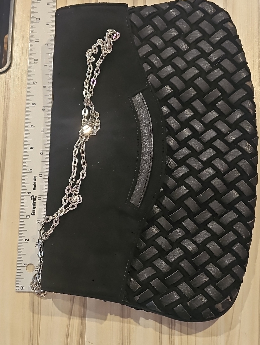 Big Buddha Black Leather Suede Lattice Clutch Silver Removeable Chain Versatile